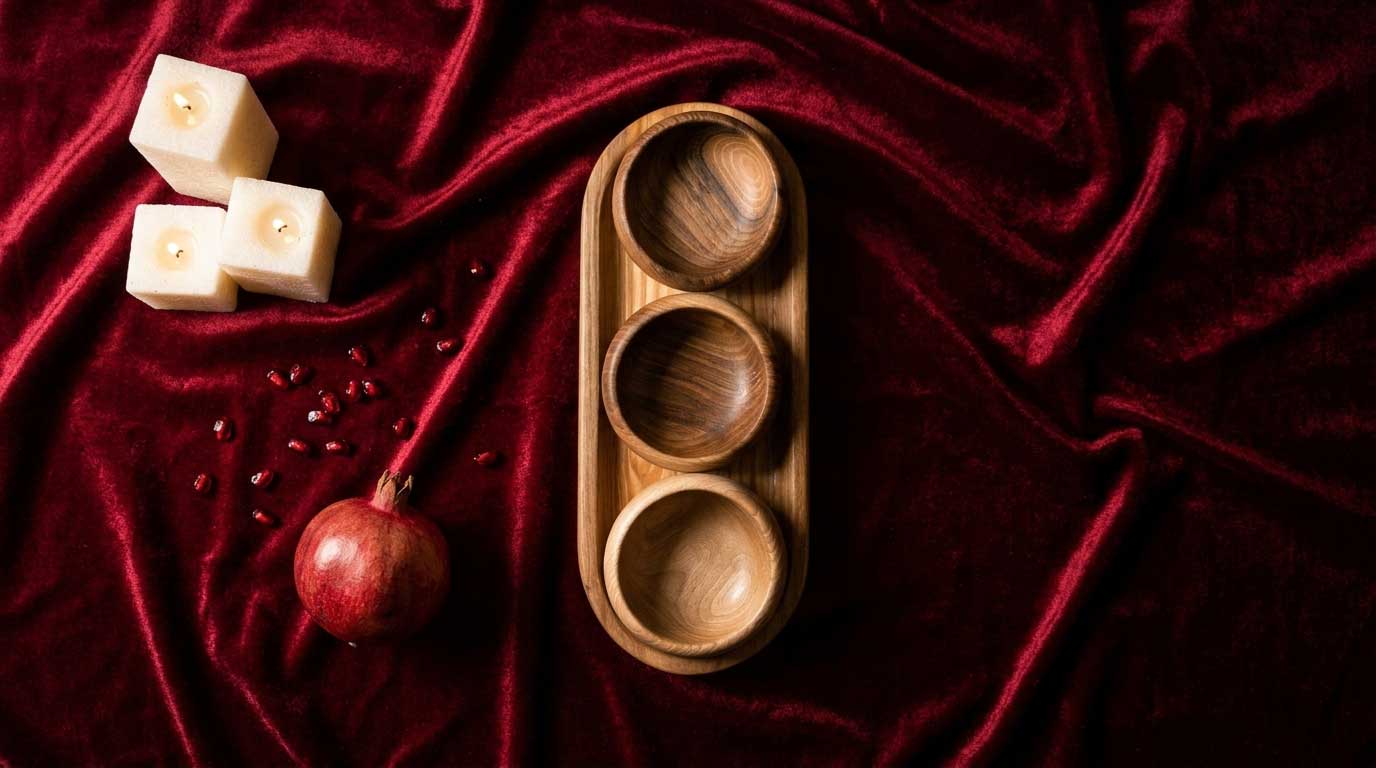 ست سرو چهار تکه چوبی والنات با شمع و روبان برای هدیه یلدا