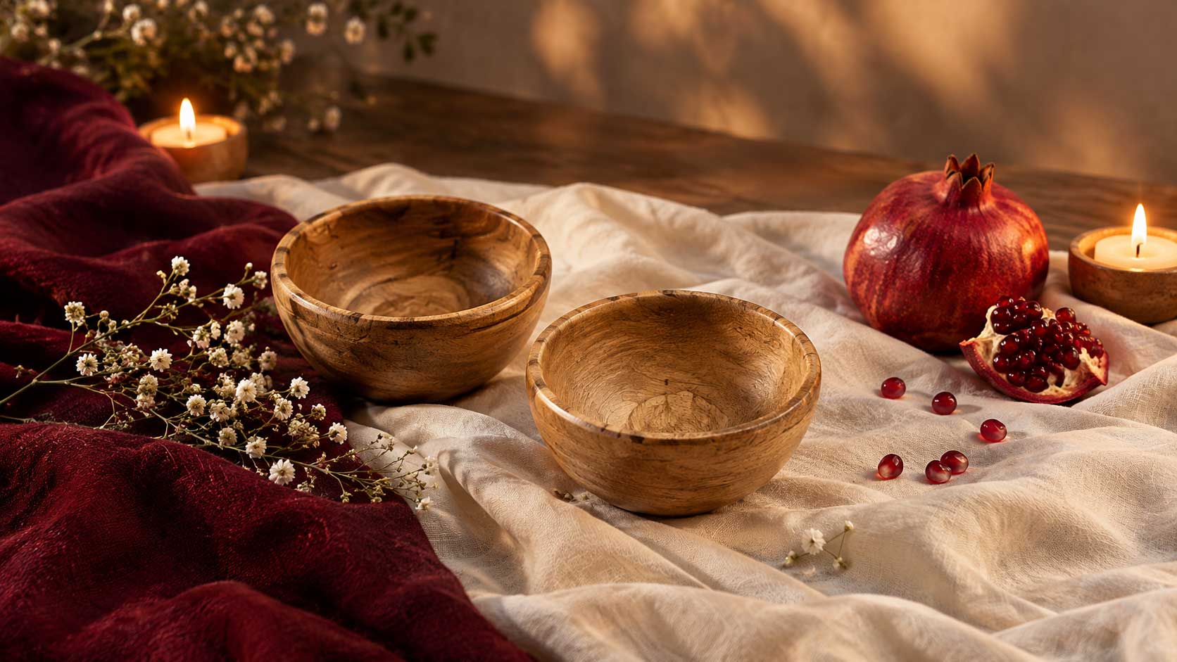 ست ۶ عددی کاسه چوبی نِست پر از آجیل و انار برای سفره یلدا